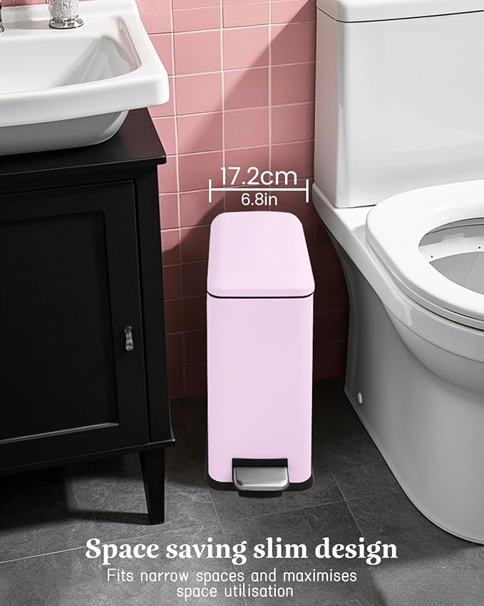 Rubbish Bin with Lid, 10 L, Stainless Steel Bathroom Waste Bin, Small Waste Bin, Pedal Bin, Stainless Steel for Bathroom, Bedroom and Office, Pink