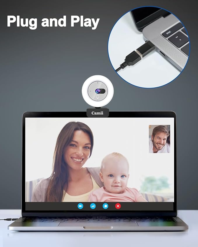 2K Webcam with Light, HD Webcam for PC with Built-in Privacy Cover, Adjustable Brightness, Noise Reduction Mics, for Zoom Skype Teams Laptop and Google Meet