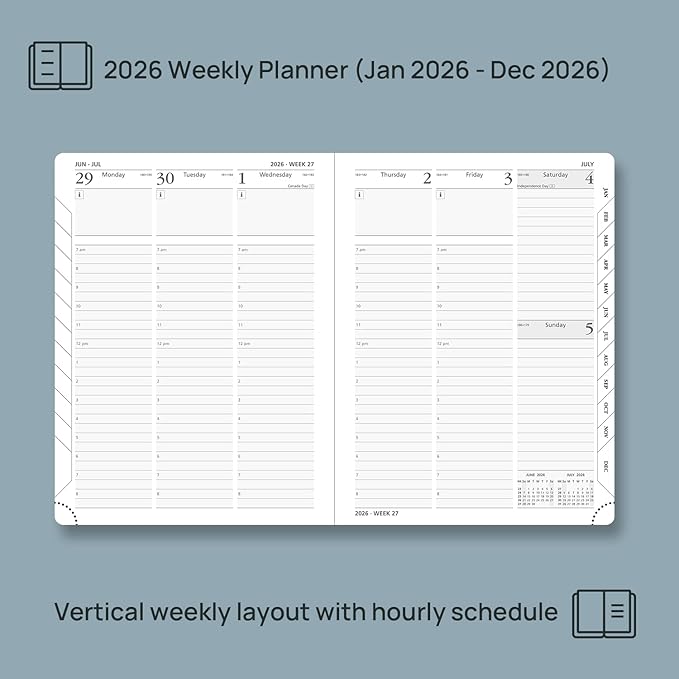 POPRUN 2026 Planner (Medium Size 8.5''x 6.5'' Hardcover) - Daily Weekly and Monthly Calendar Agenda 2026 Appointment Book with Hourly Time Slots, Monthly Tabs, 100 GSM - Black