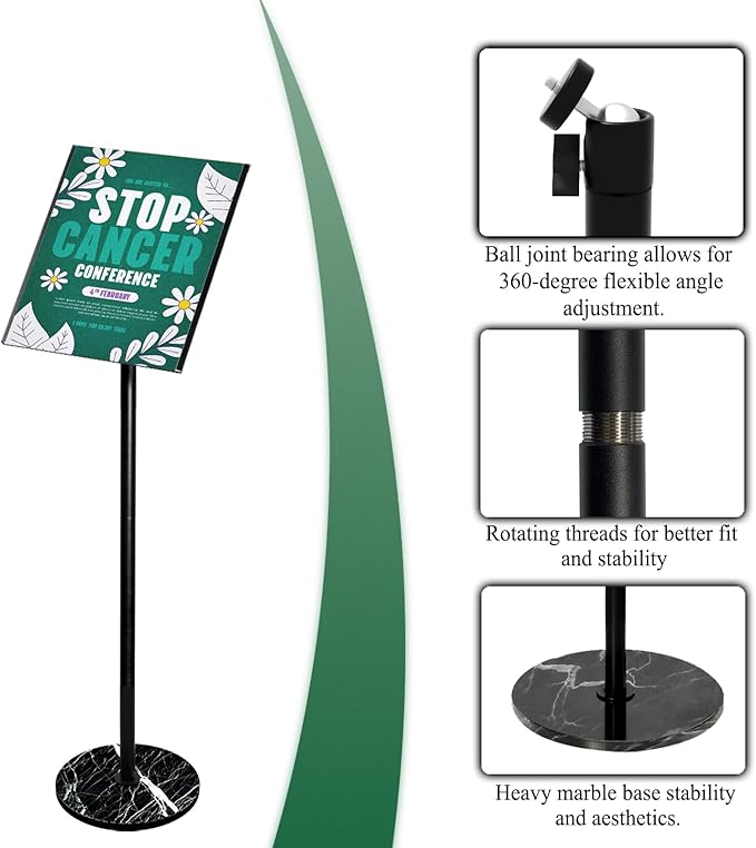 Adjustable Sign Holder 11 x 17, Floor Standing Sign Holder with Heavy Duty Marble Pedestal, Both Vertical & Horizontal View Sign Displayed Poster Stand for Store Business Show, 2 PACK（Round）