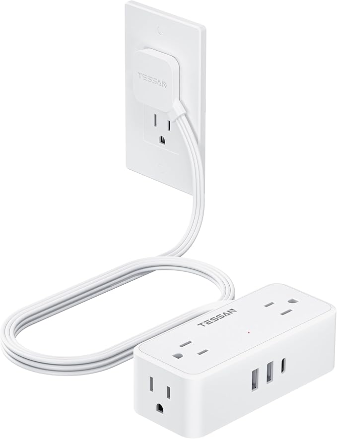 TESSAN White Extension Cord, Surge Protector Small Power Strip with 3 USB Ports (1 USB C), 900J Protection, 5 FT Flat Plug Power Strip, Mini Charging Station Suitable for Home Office Dorm