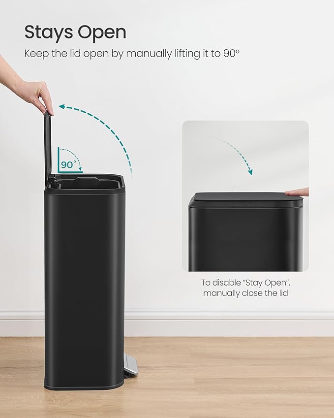 SONGMICS Kitchen Trash Can, 8-Gallon (30 L) Garbage Can with Lid, Stainless Steel, Soft Close and Stays Open, Inner Bucket, Wide Non-Slip Pedal, Ink Black ULTB546B01