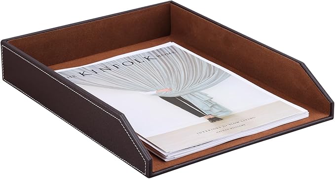 KINGFOM Letter Tray, PU Leather Paper Organizer Tray for Desk, Paper Organizer Storage Holder for Office Home or School A4 Size Brown