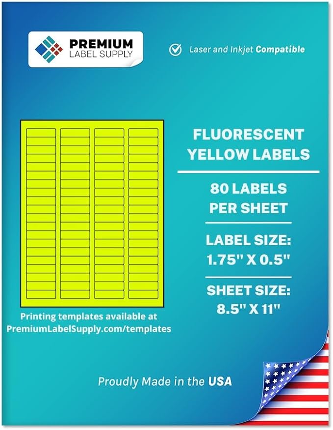 Premium Label Supply Bright Neon Color Fluorescent Sticker Labels - 1.75" x 0.5" Return Address Labels - (Fluorescent Yellow, 80,000 Labels)