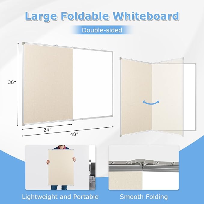 DOLLAR BOSS Foldable Linen Cork Board White Board Combo 48 x 36 in Extra Large Magnetic Whiteboard Dry Erase Bulletin Board Portable Double Sided Aluminum Frame Pin Board for School Office, White