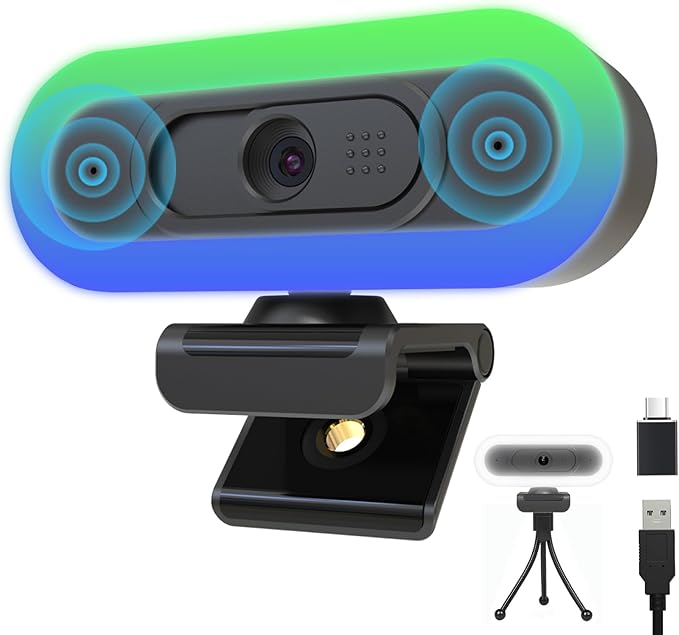 2K Webcam for PC, Plug and Play USB C Webcam with Dual Microphones,Ring Light,Fill RGB Light & Cover,Autofocus,65°FOV,1080P@60FPS, PC Web Camera for Desktop Computer Laptop Mac Zoom Streaming
