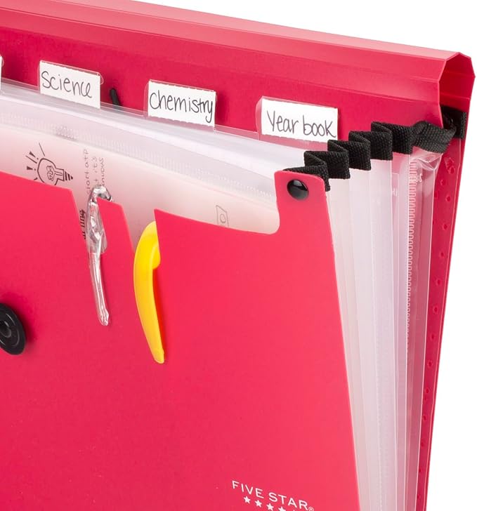 Five Star Expanding File Organizer, 6-Pocket Accordian File Organizer, Bungee Closure, Holds 11" x 8-1/2", Fire Red (350100B-ECM)