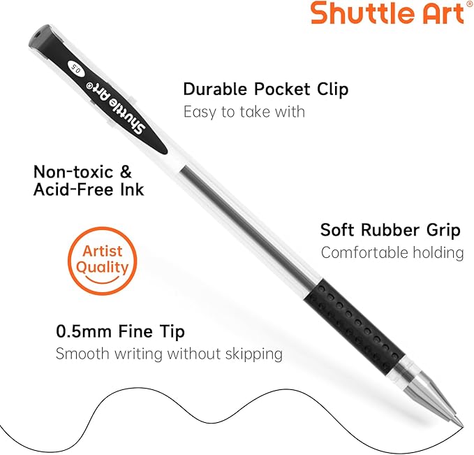 Shuttle Art Black Gel Pens, 50 Pack Fine Point Black Ink Pens Bulk, 0.5mm Rollerball Gel Ink Pens Smooth Writing with Comfortable Grip for Office, School and Home