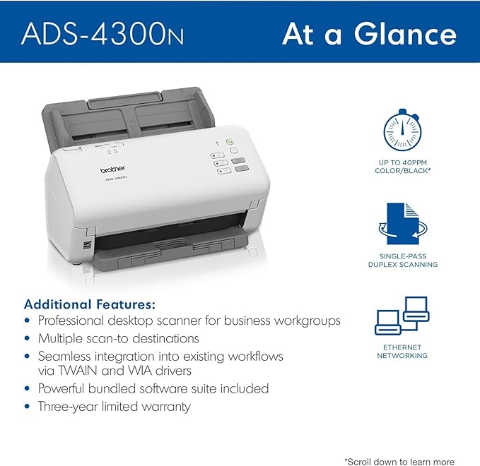 Brother ADS-4300N Professional Desktop Scanner with Fast Scan Speeds, Duplex, and Networking,White
