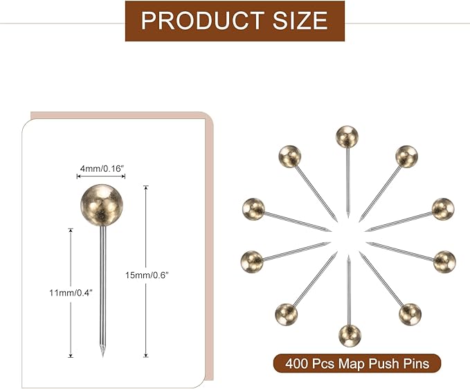 uxcell 400 Pcs Push Pins, Map Thumb Tacks 4mm Round Head Decorative Push Pins for Bulletin Board Home Office Travel Wall DIY Crafts Map Photo, Golden