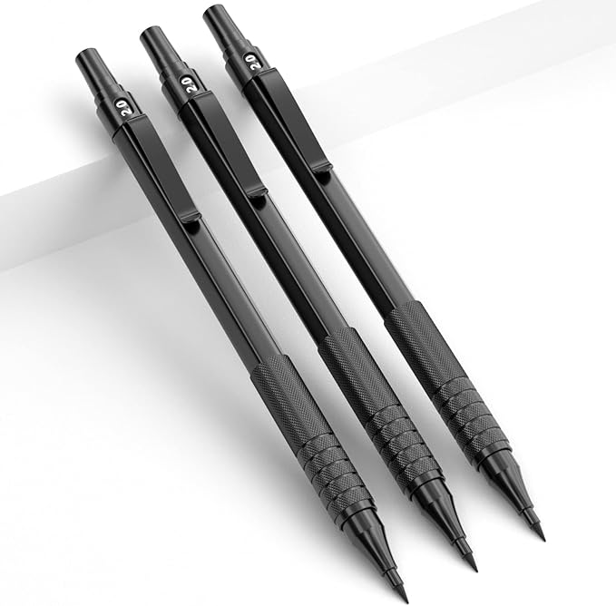 Nicpro Black Metal 2.0 Mechanical Pencil Set with Case, 3 PCS Drafting Lead Holder with 2mm Graphite Lead Refill (HB 2H 4H 2B 4B) & Colors, Sharpeners, Erasers for Artist Writing, Drawing, Sketching