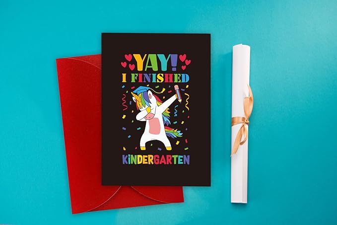 FaCraft Kindergarten Graduation Card, Unicorn Yay I Finished Kindergarten Greeting Cards Class of 2025 Kindergarten Graduation Gift Cards with Envelope for Kids Boy Girl Kindergarten Graduates