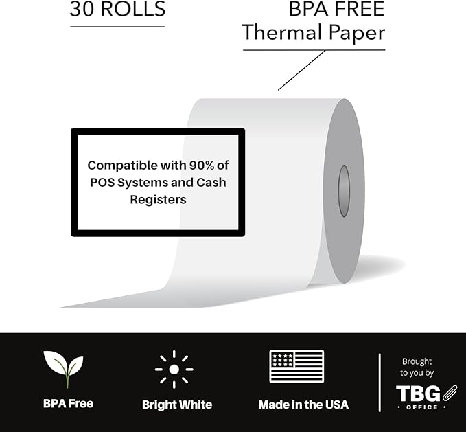 2 1/4” x 50' Thermal Paper Rolls - BPA FREE – MADE IN USA - Receipt paper rolls – Point of Sale Cash Register - Thermal printer paper - Credit Card Paper - (1 Case - 30 Rolls)