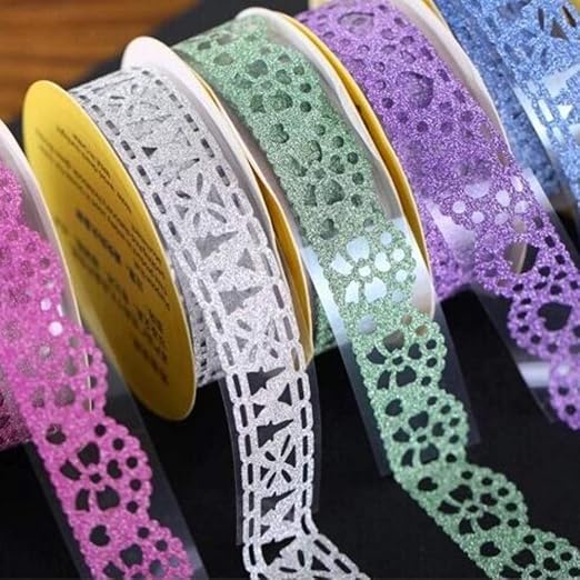 SallyFashion Washi Tape for Scrapbooking, 6 Roll Lace Pattern Glitter Tape in 6 Colors for Journaling, DIY Craft Projects, Card Making