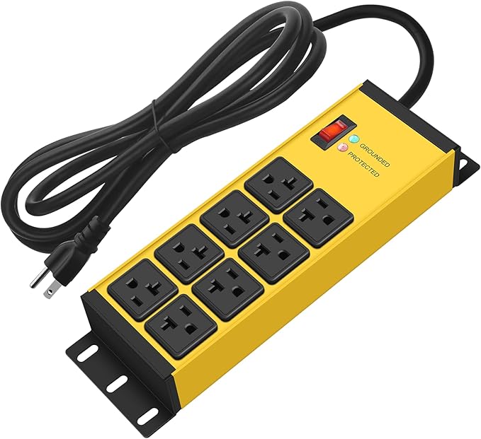 CCCEI Yellow Heavy Duty Power Strip Surge Protector 20 AMP, 8 Outlets 12 Gauge Industrial Shop Garage Metal Multiple Outlets, 12 FT Extension Cord 5-15P Adapter High Amp 6-20R T-Slot 20a for Appliance