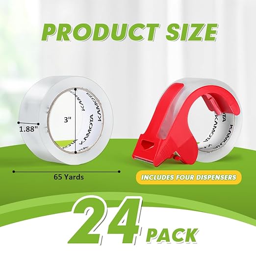 KAMOTA Packing Tape, 24 Rolls Heavy Duty Clear Packaging Tape for Shipping Packaging Moving Sealing, 1.88 inches Wide, 65 Yards Per Roll, Total 1560 Yards with 4 Dispensers