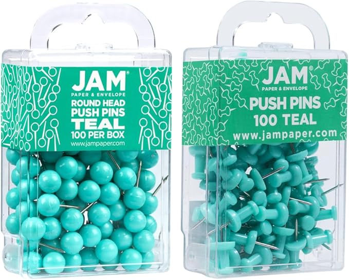 JAM PAPER Colorful Push Pins - Flat & Round Head Thumb Tack Combo Set - Teal Pushpins - 200/Pack