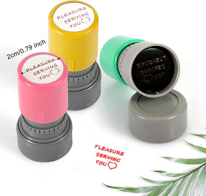 3pcs Pleasure Serving You Stamps, Server Stamps for Checks Stationery Stamp Self Ink Stamp for Service Work (Pink, Green, Yellow)