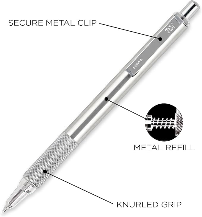 Zebra Pen F-701 Retractable Ballpoint Pen, Stainless Steel Barrel, Fine Point, 0.8mm, Black Ink, 1-Pack