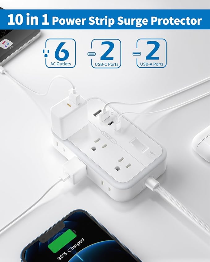Flat Extension Cord 15 ft, NTONPOWER Surge Protector Power Strip with 6 Widely Outlets 4 USB Ports(2 USB C), Flat Plug, Wall Mounted, Side Outlet Extender for Indoor, Home Office, Dorm Room Essentials