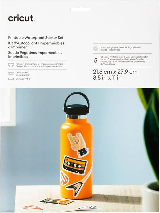 Cricut Printable Holographic Sticker Paper - US Letter Size (8.5in x 11in), Waterproof Sticker Paper for Printer, Compatible with Cricut Maker, Explore 3, & Cricut Joy Xtra, White (5 Ct)