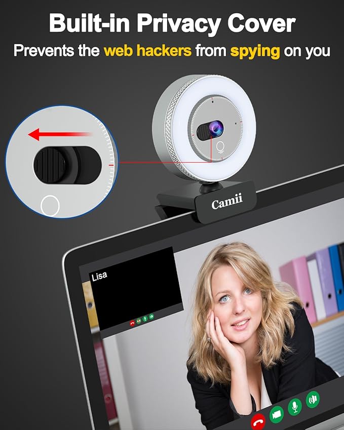 2K Webcam with Light, HD Webcam for PC with Built-in Privacy Cover, Adjustable Brightness, Noise Reduction Mics, for Zoom Skype Teams Laptop and Google Meet