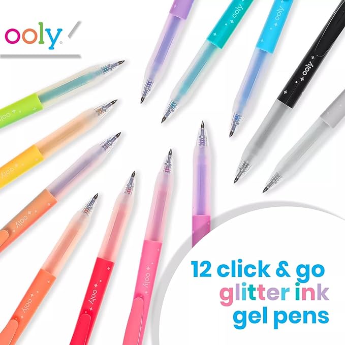 Ooly Oh My Glitter Gel Pens - Set of 12 Cute Art and Back to School Supplies for Girls, Planner Pen with Comfort Grip, Ideal Retractable Glitter Pens for Decorations & Office Use