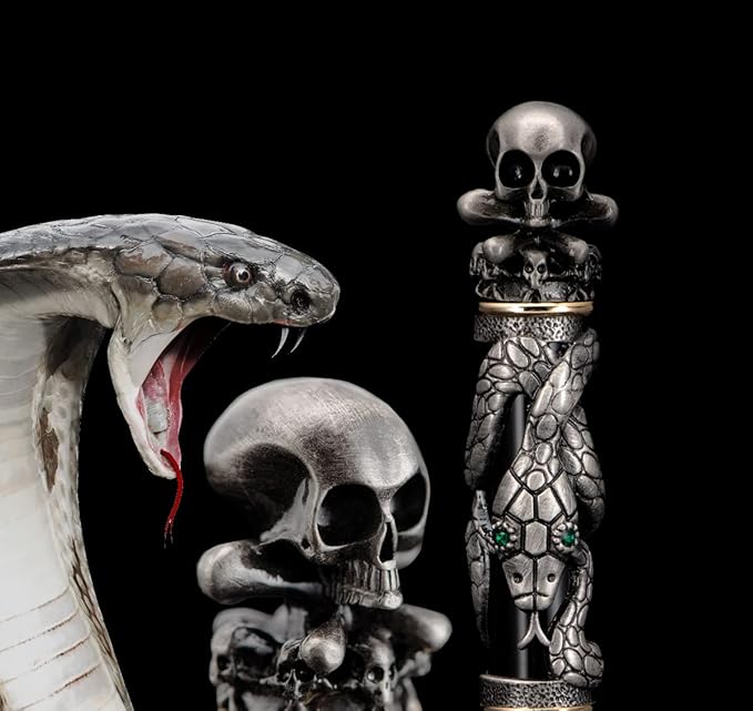 Jinhao Black Snake Fountain Pen Extra Fine Nib Retro Style with Skull Head Solid Metal and Paper Pen Case Set