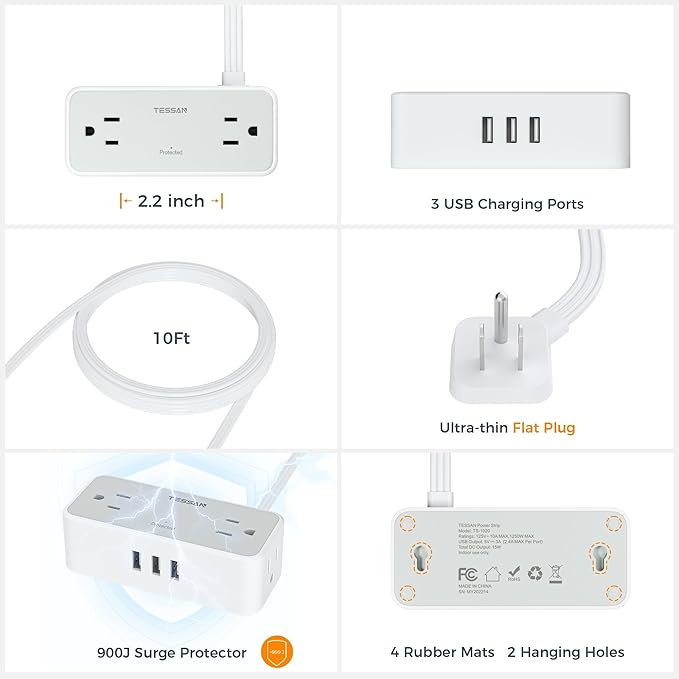 Ultra Thin Flat Plug Extension Cord 10 ft, TESSAN Surge Protector Power Strip with 4 Widely Space AC Outlets 3 USB Charging Ports, 900 Joules Protection for Home Office School Dorm Room