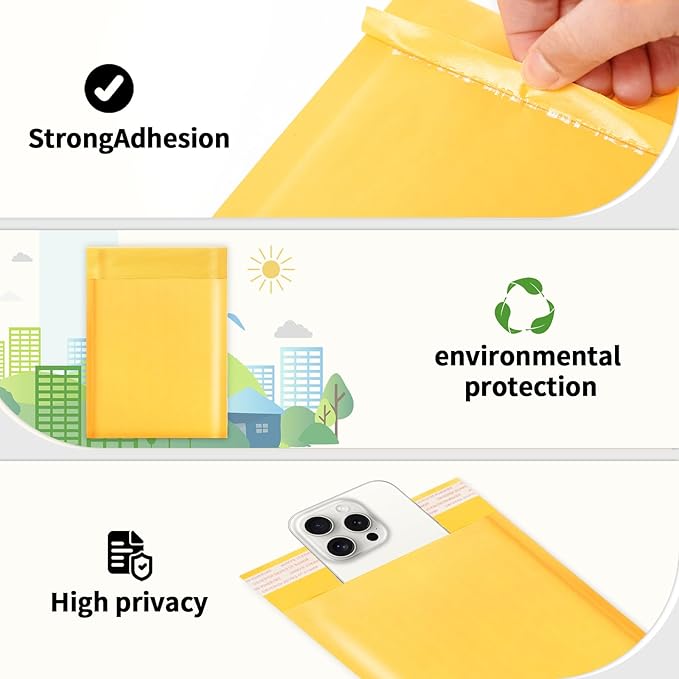 52Pack Yellow 3.5x5inch Kraft Bubble Mailers Small Business Mailing Packages Self-Sealing Paper Envelopes, Mailer Shipping Padded Envelopes with Strong Adhesion for Jewelry Makeup Supplies