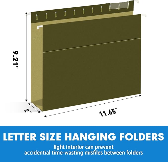 Extra Capacity Hanging File Folders, RAZCC 60 Pack Letter Size Reinforced Hanging Folders with Heavy Duty 2 Inch Expansion for Bulky Files, Filing Cabinet, Adjustable Tabs, Green