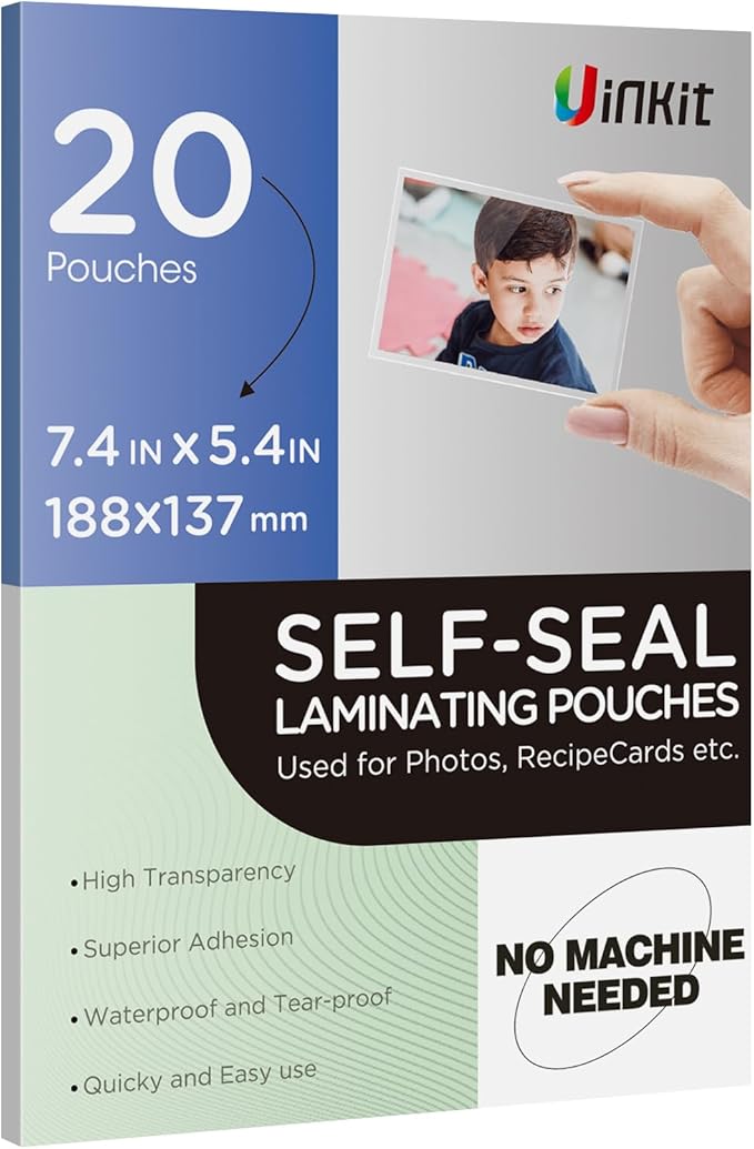 Uinkit 20 Pack 5x7 inches Self Sealing Laminating Pouches, Waterproof Lamination Pouches, Permanent Adhesive 10mil Thickness No Need Machine (5.2x7.2Inchesx20Pack)
