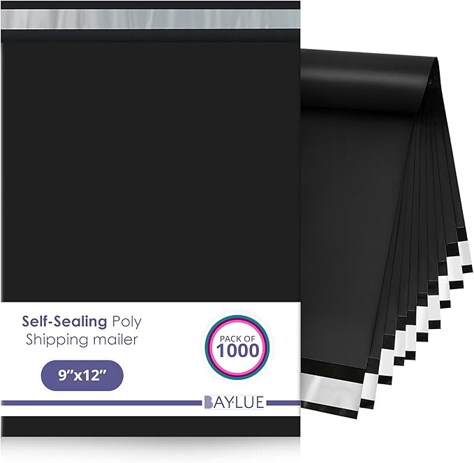 Black Poly Mailers 9x12 Inch | Strong Adhesive Self-Seal mailer Bags | Tamper, Tear, Water Resistant Shipping Envelopes | Thick Strong Material Polymailer Bags Clothing Bag | 1000 Pack Bulk