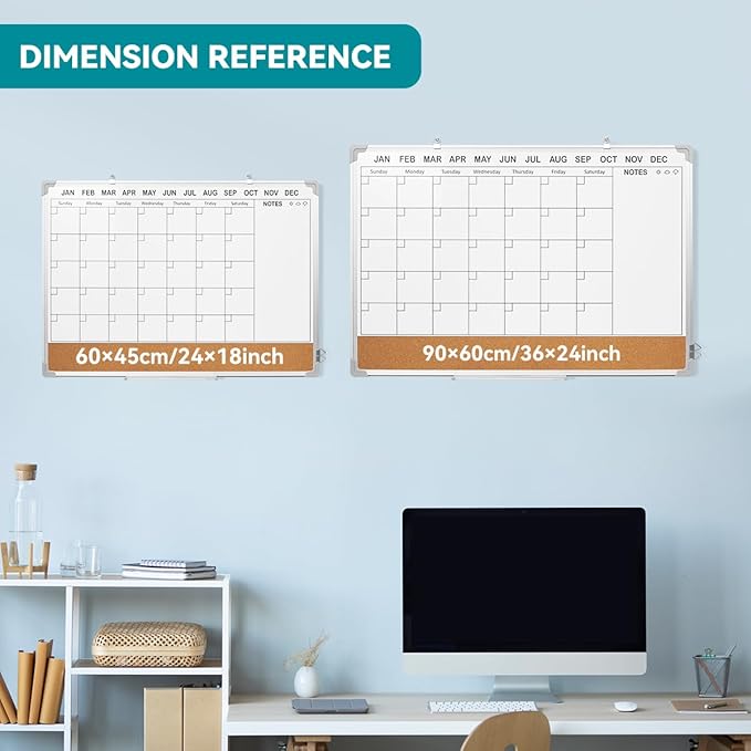 Calendar Whiteboard for Wall,36" x 24" White Board Calendar Dry Erase with Silver Aluminum Frame,Double Side Wall Hanging Board for Office,Home,Kitchen