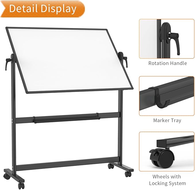 VIZ-PRO Double-Sided Magnetic Mobile Whiteboard, 48 x 36 Inches, Black Aluminium Frame and Stand
