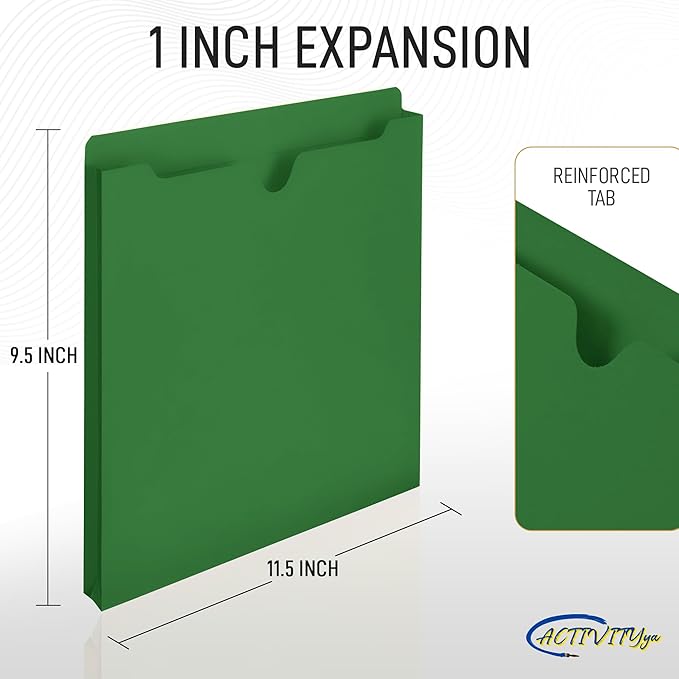 Green File Jackets, 1 Inch Expansion, Letter Size, Reinforced Straight-Cut Tab, 6 Pack