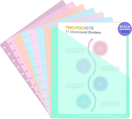 32 PCS Discbound Dividers Letter Size Disc Planner 2 Pocket Fit 8.5" x 11" Paper Notebook with Pockets 11 Disc Folder for Office Home School