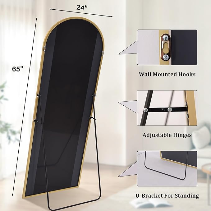 HARRITPURE 65"x24" Arched Full Length Mirror Free Standing & Wall-Mounted Full-Length Mirror with Stand Modern Gold Mirror for Living Room Bedroom Cloakroom Aluminum Frame
