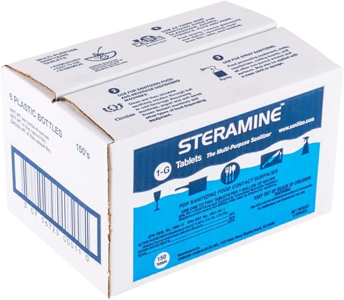 6 Bottles Steramine Sanitizer Tablet w/ 15 QT-10 Test Strip, Multi Purpose Steramine Sanitizing Tab for Food Contact Surface, Kitchen, Restaurant, Diner & Food Service by FryOilSaver Co. (900 Tablets)