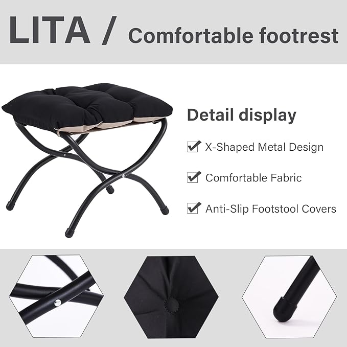 LITA Folding Upholstered Footrest Stool, Modern Small Portable Accent Ottoman with Detachable Thick Cotton Cushion Padded Sofa Stool with Metal Frame for Lazy Chair, Living Room & Bedroom, Black