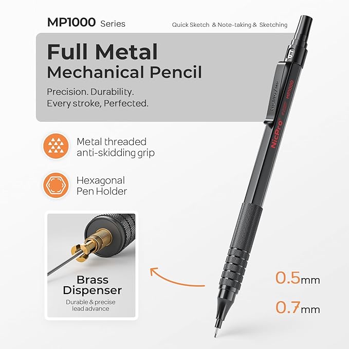 Nicpro 2 PCS Mechanical Pencil 0.5mm & 0.7 mm with Case, MP1000 Metal Artist Pencil Set with 4 Tubes HB Lead Refills, 2 Erasers, 9 Eraser Refills For Art Writing Drafting, Drawing, Sketch, Black