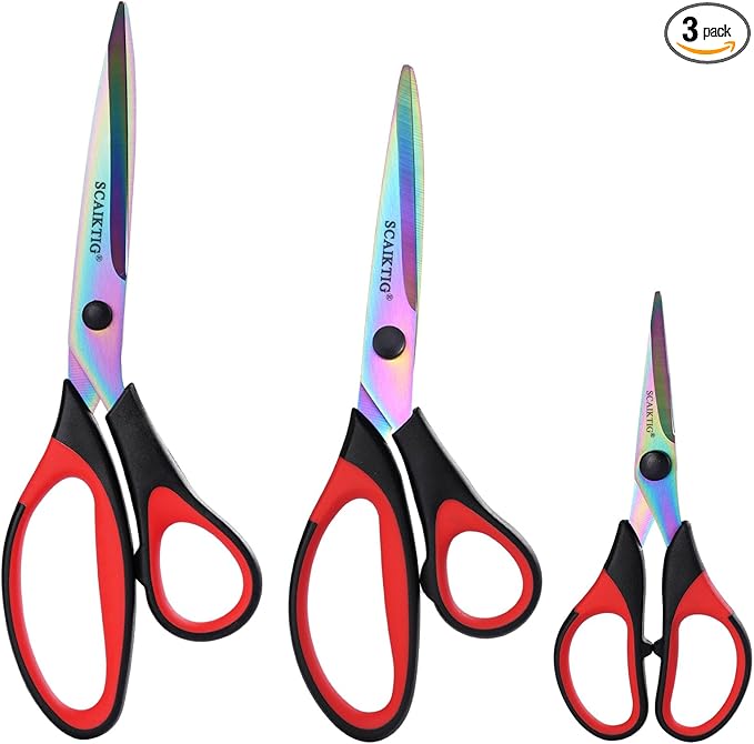 Craft Scissors Set of 3 Pack, All Purpose Sharp Titanium Blades Shears, Comfort Grip Handle, Multipurpose Fabric Scissors Tool Great for Adults, Office, Sewing, School and Home Supplies, Red&Black