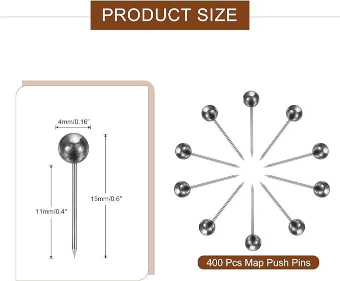 uxcell 800 Pcs Push Pins, Map Thumb Tacks 4mm Round Head Decorative Push Pins for Bulletin Board Home Office Travel Wall DIY Crafts Map Photo, Metallic Black