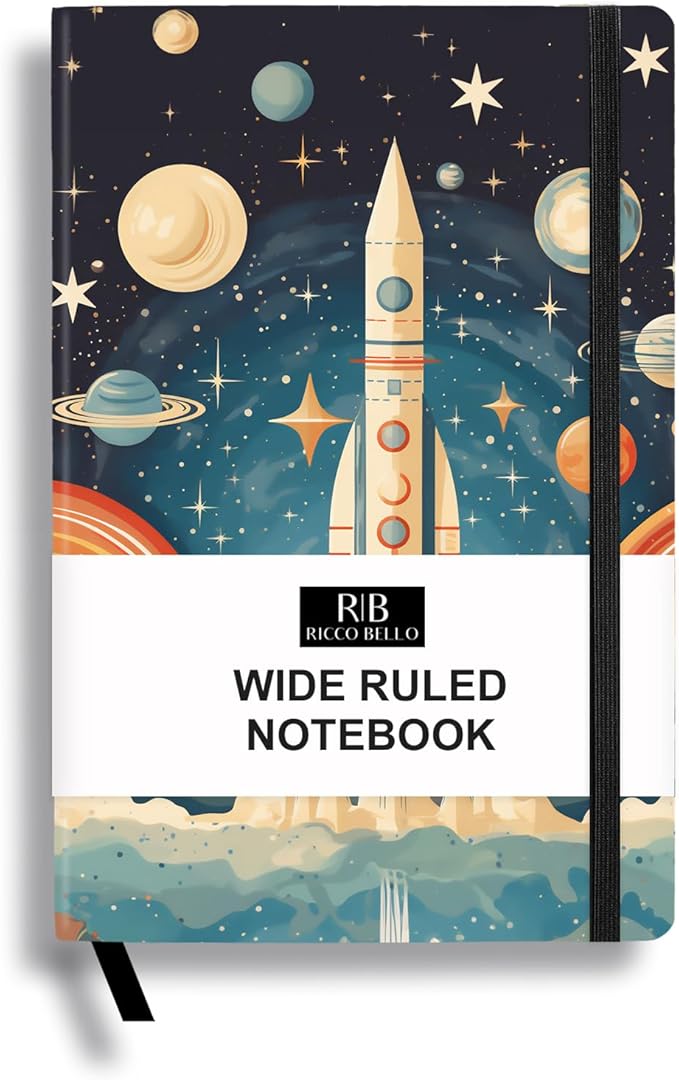 RICCO BELLO Wide Ruled Hardcover Diary Journal School Notebook for Kids, Tweens - Bookmark, Band Closure, Storage Pocket, 5.7 x 8.4 Inches, 192 Pages (Space Rocket)