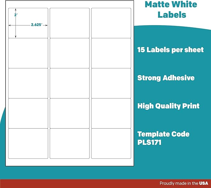 Premium Label Supply White Sticker Labels – 2.625" x 2" – Laser/Inkjet Compatible – (15 per Sheet), 1000 Sheets – 15,000 Total Adhesive Labels