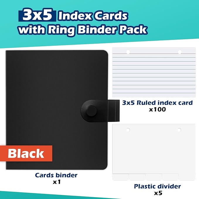 3x5 Lined Index Cards with Ring Binder Holder and Dividers, 100 Ruled Cards, Black