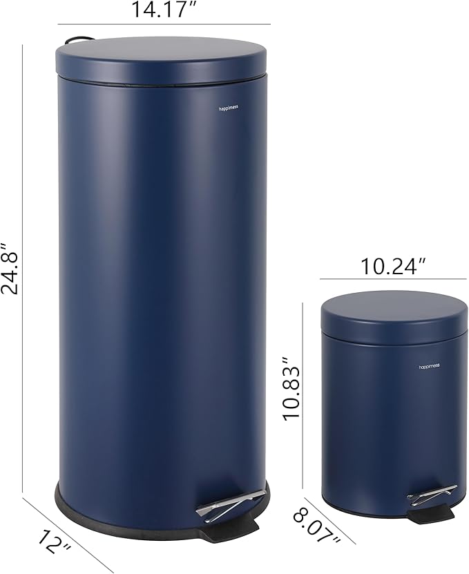 happimess HPM1000B Oscar 8-Gallon Step-Open Trash Can with Free Mini Trash Can, Modern, Fingerprint Proof for Home, Kitchen, Office, Large:7.9 Gallon Small:1.3 Gallon, Denim Blue