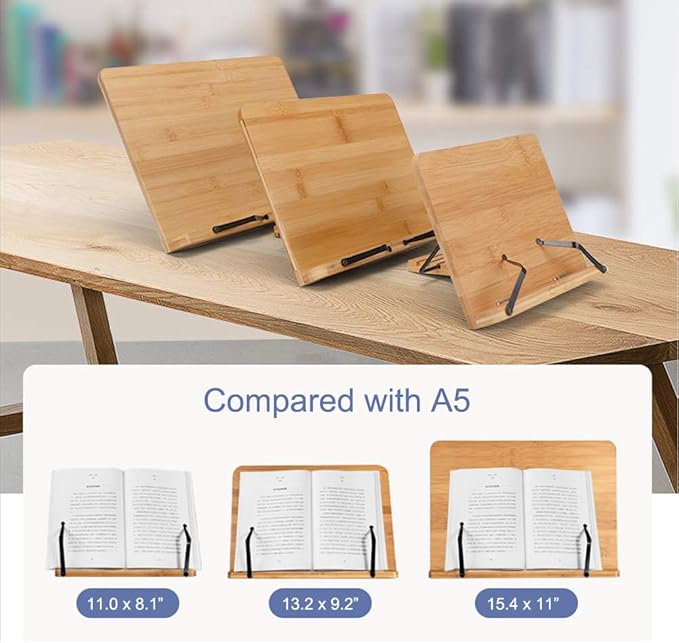 wishacc Book Stand XL-Large Size 15.4" x 11.0" Main Board-Adjustable Foldable Book Holder with Page Holder Clips - Holds Cookbooks, Receipe Books, Textbooks, Tablets, Laptops, Music Books, Documents