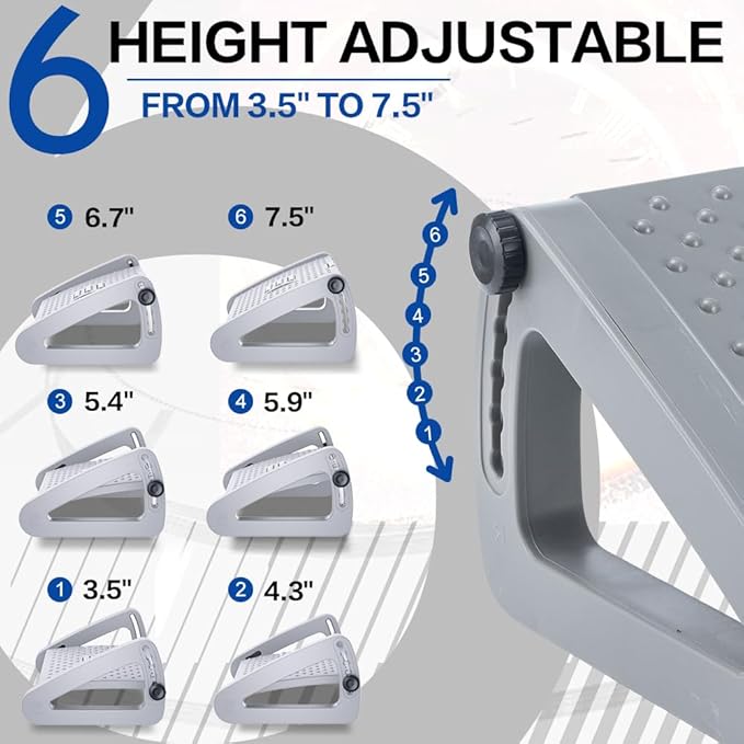 Foot Rest for Under Desk at Work - Six Heights Adjustable Under Desk Footrest - Ergonomic Foot Stools for Under Office Desks - Desks Foot Rest with Massage Rollers - Leg Rest for Chair (Gray)