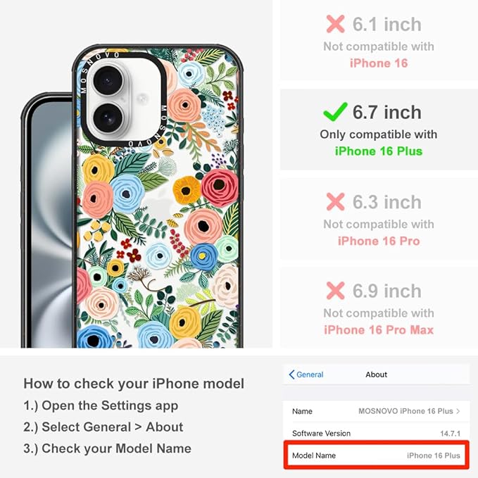 MOSNOVO Case for iPhone 16 Plus, [10ft 4X Military-Grade Drop Protection] Durable & Shockproof Phone Case Cover Design for iPhone 16 Plus - Pastel Floral Garden - Clear Black